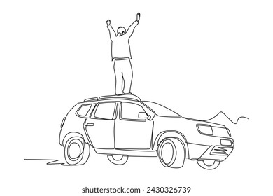 Man standing on his car, Drawing by simple continuous line. holiday minimalist concept. simple line.