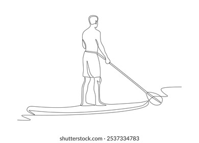 Man standing on kayak on river. Kayak concept one-line drawing