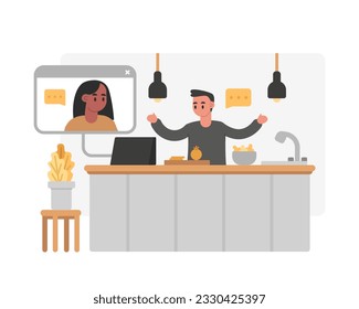Hombre parado en la cocina y cocinando comida, hablando con amigos. Concepto de videoconferencia en diferentes situaciones de vida. Llama con colegas, cocina en línea. Ilustración vectorial en colores amarillos