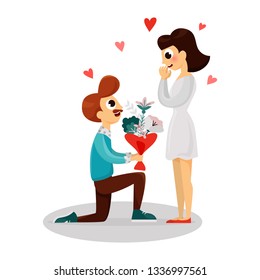 Man standing on knee making marriage proposal. Gentleman with flowers and happy woman flat style cartoon vector illustration isolated on white background