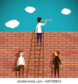 Man standing on a ladder. Brick wall. Stock Vector cartoon illustration.