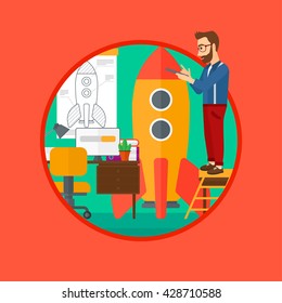Un hombre parado en la escalera y engendrando un cohete. Hombre trabajando en el inicio de nuevos negocios. Concepto de inicio de negocios. Ilustración de diseño plana vectorial en el círculo aislado en el fondo.