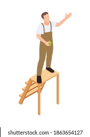 Man standing on ladder and gathering harvest 3d isometric vector illustration