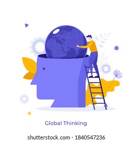 Man standing on ladder at giant human head and putting planet Earth inside. Concept of global thinking, world intelligence, international business project. Modern flat vector illustration for poster.