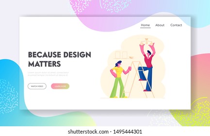 Man Standing on Ladder Hanging Lamp on Ceiling Website Landing Page. Couple Decorating Living Room Apartment, Husband and Wife Decorate Home Interior Web Page Banner. Cartoon Flat Vector Illustration
