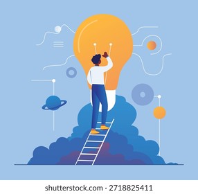 Hombre de pie en la escalera y mirando la Ilustración vectorial de concepto de tecnología de bombilla grande