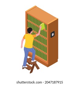 Man standing on ladder and reaching book from top shelf in library isometric vector illustration