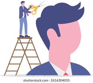 man standing on ladder trimming hair for customer, This is a set of business illustrations


