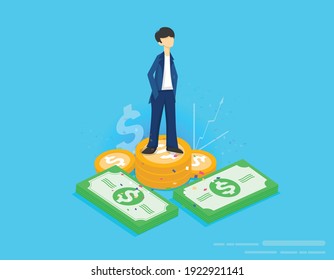 Man standing on large money stack of gold coins. Concept with young businessman saving gold money for profit and investing.  Money concept