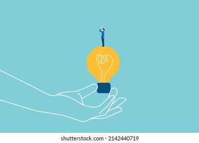 Man standing on lightbulb with megaphone. Business vision, creativity and new ideas vector illustration concept. Symbol of Inspiration, idea, brainstorming, future, planning. Eps10 illustration