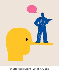 Man standing on long nose. Concept of lying and being dishonest. Colorful vector illustration
