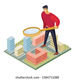 man standing on the map and looking for something with a magnifier, vector illustration