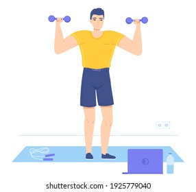 Man standing on mat lifting dumbells during watching education video. Online workout, muscle gains, home training, arm muscle building concept. Stock vector illustration in flat style