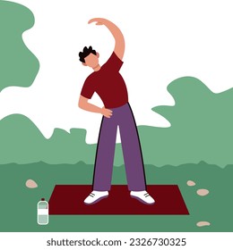 Man in standing on mat and performing exercise in park. Concept of boosting confidence with workouts. Regular physical activity. Time to loss weight. Vector flat illustration in green and red colors