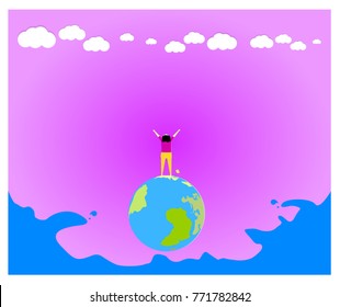 Man standing on mini globe and hold the hands to sky with sea and cloud background on illustration vector