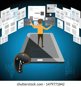 A man was standing on mobile phone and wasting his time with social media - vector Illustration
