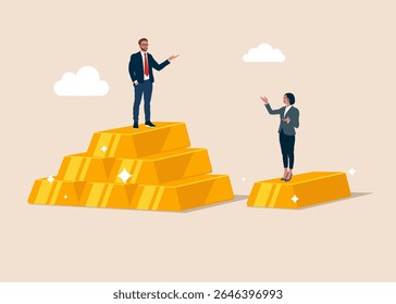 Homem de pé em mais barras de ouro, mulher em menos barras de ouro. Disparidade salarial entre homens e mulheres, desigualdade entre salários, salários ou rendimentos de homens e mulheres, questão da diversificação de gênero.