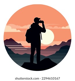 man standing on mountain peak watching sunset, design