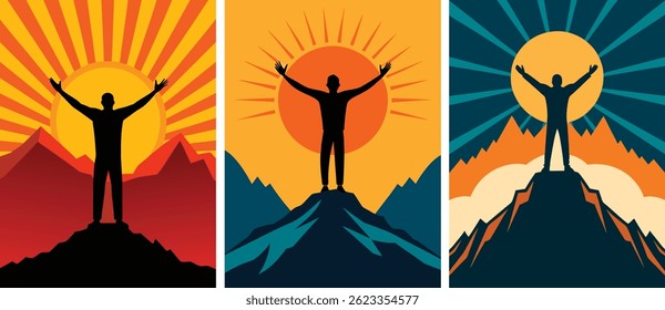 Homem de pé no pico da montanha com braços levantados na vitória, silhueta contra o fundo do sol nascente. Aventura, caminhadas, natureza, sucesso, motivação ilustração