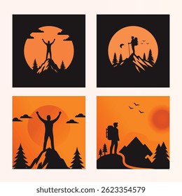 Man standing on mountain peak with arms raised in victory, silhouette against rising sun background. Adventure, hiking, nature, success, motivation illustration