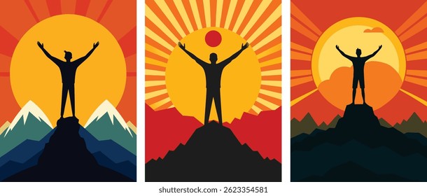 Man standing on mountain peak with arms raised in victory, silhouette against rising sun background. Adventure, hiking, nature, success, motivation illustration