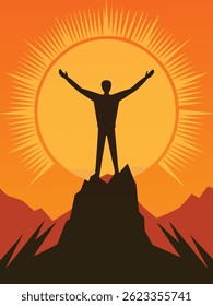 Man standing on mountain peak with arms raised celebrating success in a beautiful sunrise background. Perfect vector for hiking adventure outdoor travel and nature-themed motivation designs