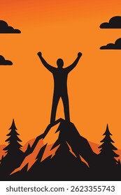 Man standing on mountain peak with arms raised celebrating success in a beautiful sunrise background. Perfect vector for hiking adventure outdoor travel and nature-themed motivation designs
