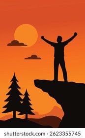 Man standing on mountain peak with arms raised celebrating success in a beautiful sunrise background. Perfect vector for hiking adventure outdoor travel and nature-themed motivation designs
