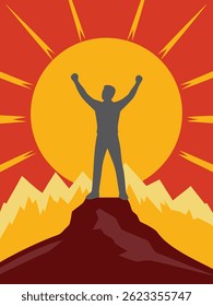Man standing on mountain peak with arms raised celebrating success in a beautiful sunrise background. Perfect vector for hiking adventure outdoor travel and nature-themed motivation designs