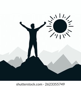Man standing on mountain peak with arms raised celebrating success in a beautiful sunrise background. Perfect vector for hiking adventure outdoor travel and nature-themed motivation designs