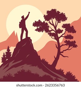 Man standing on mountain peak with arms raised celebrating success in a beautiful sunrise background. Perfect vector for hiking adventure outdoor travel and nature-themed motivation designs