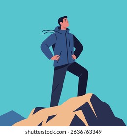 Man Standing on Mountain Peak Wearing Blue Jacket and Black Pants Looking Upward