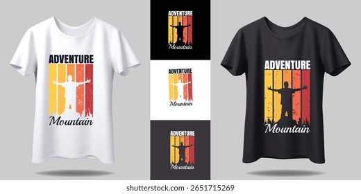 Man standing on mountain peak with arms open in celebration adventure graphic
