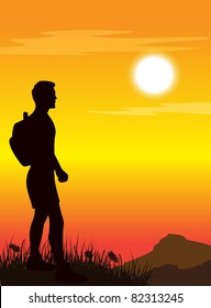 man standing on mountain's top. Vector illustration.