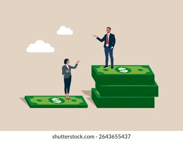 Man standing on much more paid money dollar notes bundles of USA, woman on less small income notes. Gender pay gap, inequality between man and woman wage, salary or income. Vector