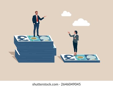 Man standing on much more paid money pound sterling  notes bundles of GB, woman on less small income notes. Gender pay gap, inequality between man and woman wage, salary or income. 