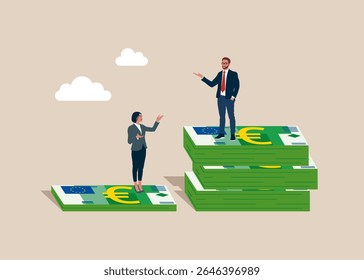 Man standing on much more paid money Euro notes bundles of European Union, woman on less small income notes. Gender pay gap, inequality between man and woman wage, salary or income.