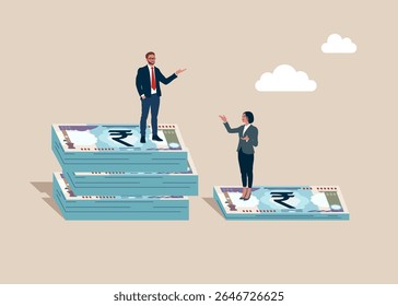 Man standing on much more paid money rupee notes bundles of India, woman on less small income notes. Gender pay gap, inequality between man and woman wage, salary or income. Vector