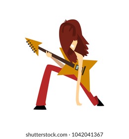 Man standing on one knee with electric guitar. Cartoon character of rocker with long brown hair. Funny guitarist performing on stage. Colorful flat vector design