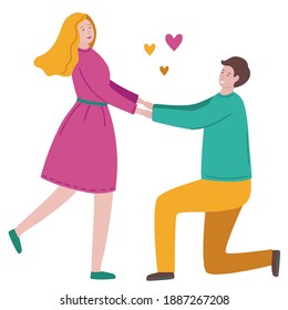 A man standing on one knee makes a proposal of marriage to his girlfriend. Man and woman are in love. Young couple holding hands. Vector flat illustration isolated on a white background.