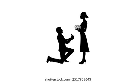 Man standing on one knee opposite woman, black isolated silhouette