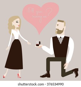 Man standing on one knee making a proposal to his woman. Vector illustration eps 10