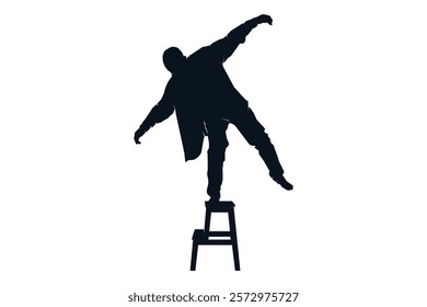 Man standing on one leg on stool chair, silhouette vector illustration