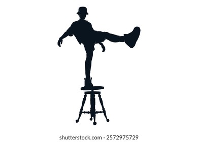 Man standing on one leg on stool chair, silhouette vector illustration