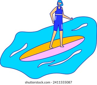 Man standing on paddleboard in blue water. Male surfer in summer wear balancing on surfboard. Paddleboarding on calm sea vector illustration.