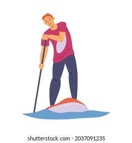 Man standing on paddleboard with paddle, flat vector illustration isolated on white background. Paddleboarding or stand up paddle water and beach spot activity.