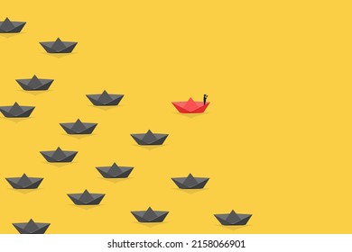 Man standing on paper ship with megaphone. Symbol of future, leadership different business routes, career opportunity success