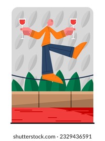 Hombre de pie en el camino, sosteniendo gafas con vino. Degustar vino de uvas orgánicas. Jóvenes involucrados en el proceso de elaboración de vinos. Sirviendo bebidas alcohólicas en el restaurante. Ilustración plana del vector