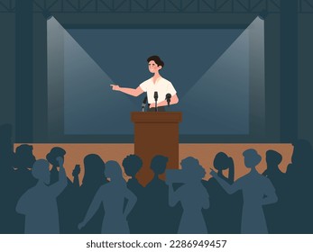 Mann, der auf dem Podium steht. Guy spielt vor Publikum. Berühmter Mensch und Politiker, Unternehmensleiter. Vortrag und Meisterklasse, Präsentation. Orator mit Publikum. Cartoon-Flavektor-Vektorgrafik