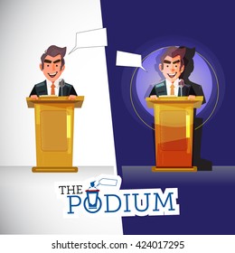 Man standing on a podium in light room. speaking in darkroom under spotlights. character design. public speech concept - vector illustration